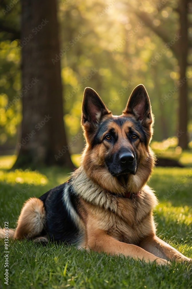 A large black and brown German Shepherd dog is laying on the grass A large black and brown German Shepherd dog is laying on the grass