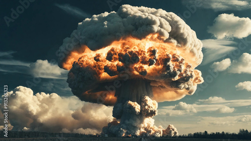 Nuclear bomb explosion, mushroom cloud, widescreen 16:9, 300 dpi, with space for text