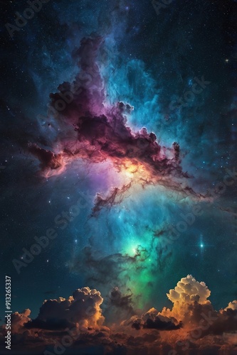 A colorful cloud of gas and dust in space with a star in the middle
