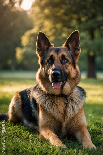 A large German Shepherd dog is laying on the grass in a park