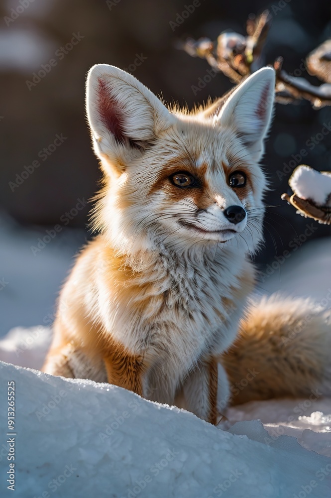 Obraz premium A small brown and white fox is sitting on a snowy hill