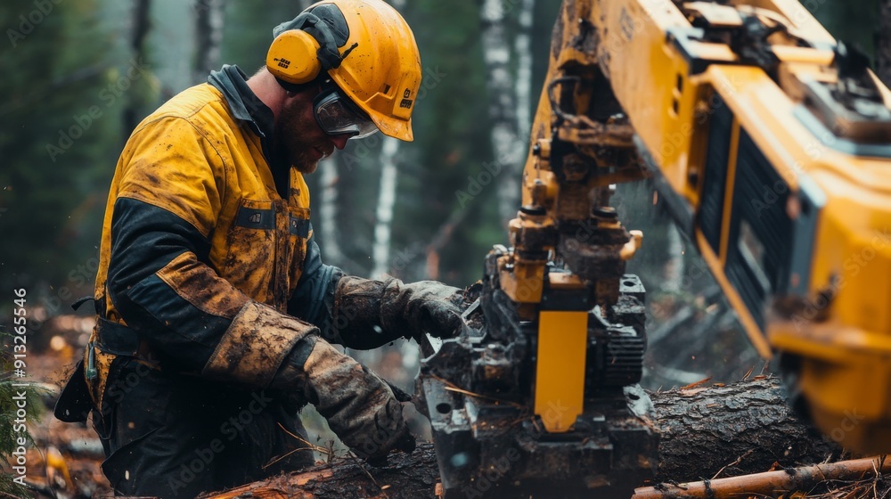 A logger uses heavy machinery to cut a tree in a dense forest while rain lightly falls, showcasing the challenges of forest work. A logger uses heavy machinery to cut a tree in a dense forest while rain lightly falls, showcasing the challenges of forest work.