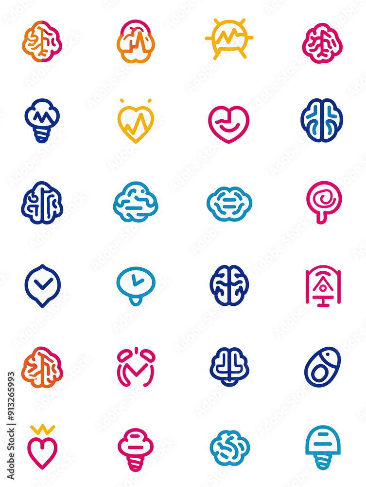 Collection of Colorful Brain and Heart Icon Designs, generative ai image Collection of Colorful Brain and Heart Icon Designs, generative ai image