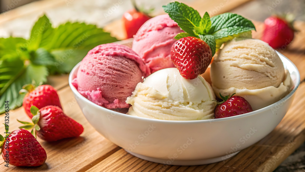 Gourmet Summer Dessert: Artisanal Ice Cream with Fresh Berries, Macaroons, Coffee Beans, Pistachio Nuts, and Chocolate, generative ai Gourmet Summer Dessert: Artisanal Ice Cream with Fresh Berries, Macaroons, Coffee Beans, Pistachio Nuts, and Chocolate, generative ai