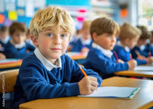 Young Boy Writing in Classroom Setting
