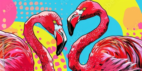 Two pink flamingos on a colorful background.