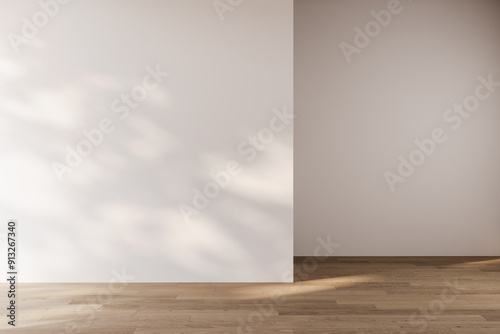 Empty room interior empty space background mock up, sunlight and shadows room walls, room with sunlight and leafs shadows and wooden blank parquet floor