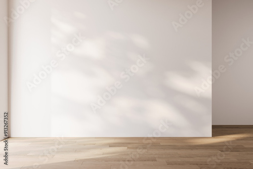 Empty room interior empty space background mock up, sunlight and shadows room walls, room with sunlight and leafs shadows and wooden blank parquet floor