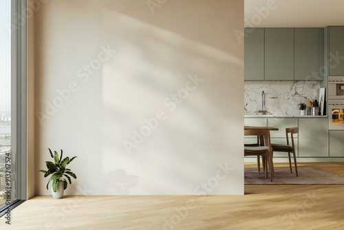 Modern interior design of apartment, kitchen, dining room with table and chairs, empty living room with beige wall, panorama.