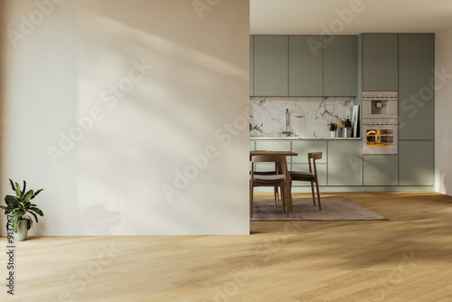 Modern interior design of apartment, kitchen, dining room with table and chairs, empty living room with beige wall, panorama.
