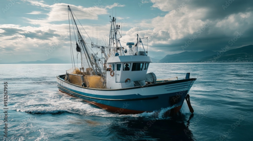 A fishing boat cruises through tranquil waters as dark clouds gather overhead during dusk. A fishing boat cruises through tranquil waters as dark clouds gather overhead during dusk.