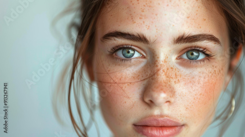 Portrait of a young woman with freckles and blue eyes, looking directly into the camera with a calm expression.