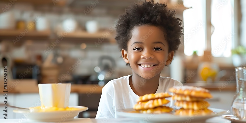 An African-American boy sits in the kitchen of his home, about to eat breakfast. The scene is warm and inviting, with sunlight streaming through the windows An African-American boy sits in the kitchen of his home, about to eat breakfast. The scene is warm and inviting, with sunlight streaming through the windows