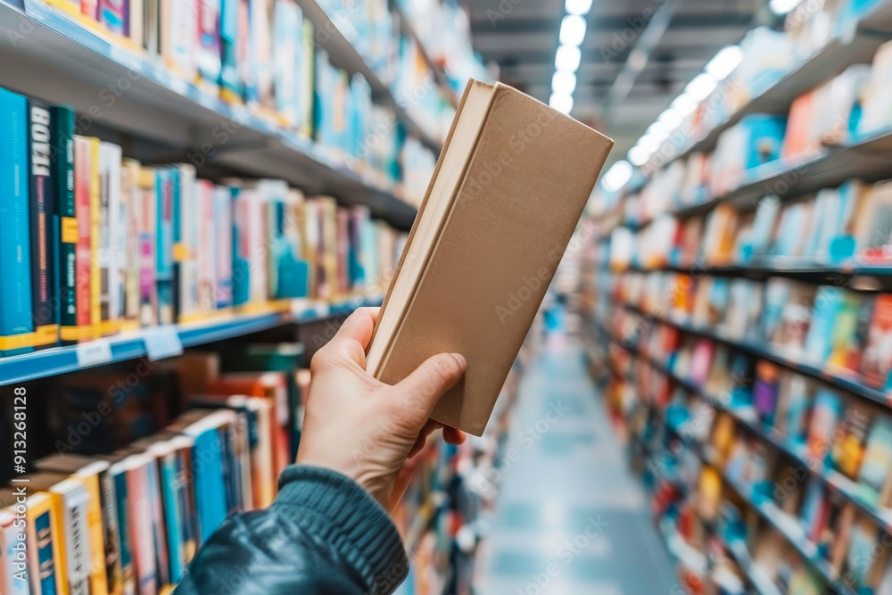 Person Holding Brown Book in Blurred Bookstore, Concept for Knowledge, Education, and Reading Person Holding Brown Book in Blurred Bookstore, Concept for Knowledge, Education, and Reading