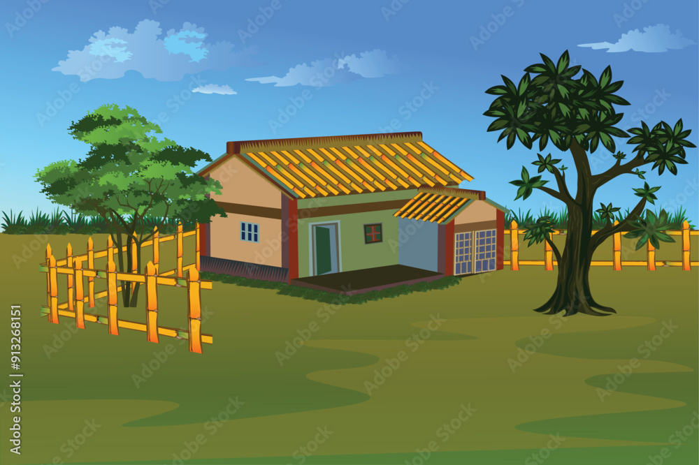 Asian rural village background illustration. A beautiful house and big trees in surrounded by fences Asian rural village background illustration. A beautiful house and big trees in surrounded by fences