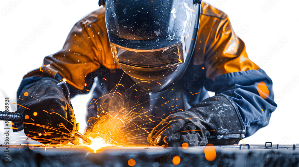 Welder in protective mask working on a metal surface and electric sparks lighting up the area. White background. Welder in protective mask working on a metal surface and electric sparks lighting up the area. White background.
