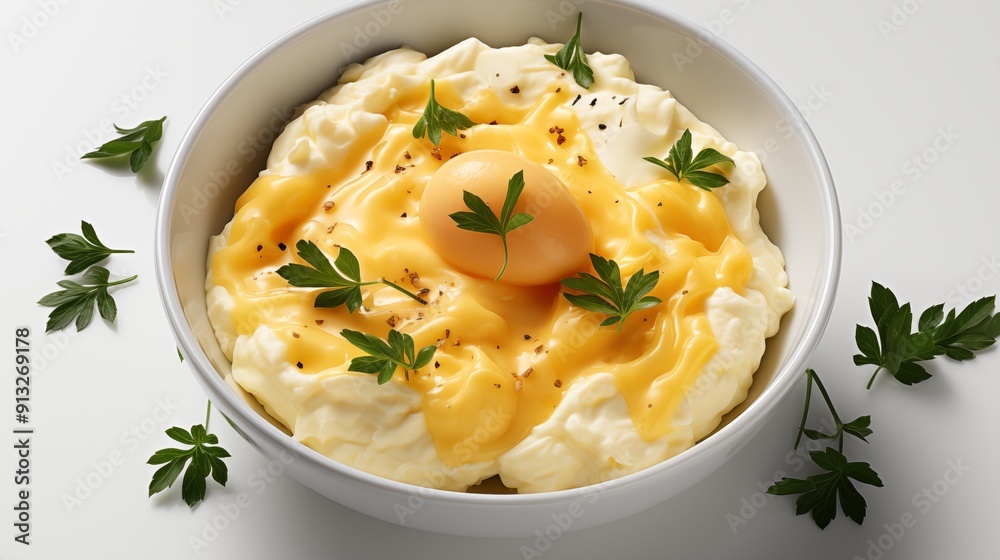 Close view of scrambled eggs, front view from above, studio lighting, isolated white background. Close view of scrambled eggs, front view from above, studio lighting, isolated white background.