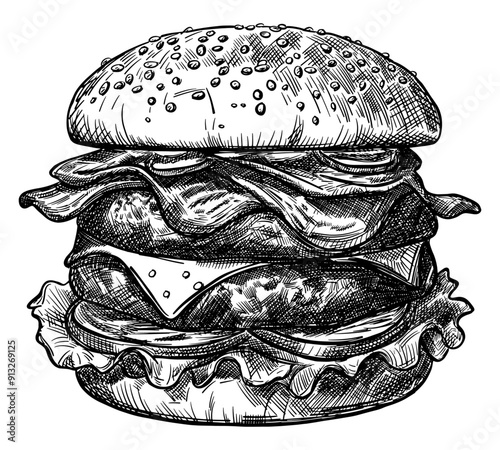 burger isolated hand drawn sketch line art illustration
