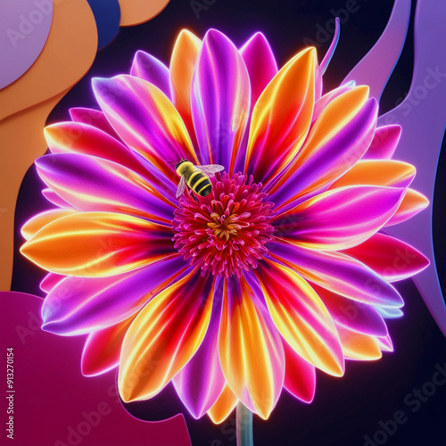 A mesmerizing 3D rendering of a radiant flower, featuring electric pink, orange, and purple petals photo