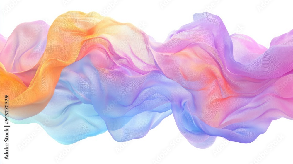 Abstract fluid shapes, 3d rendering illustration of colorful pastel color waves and cloth fabric floating in the air on white background. Modern art poster design with surrealistic twisted forms