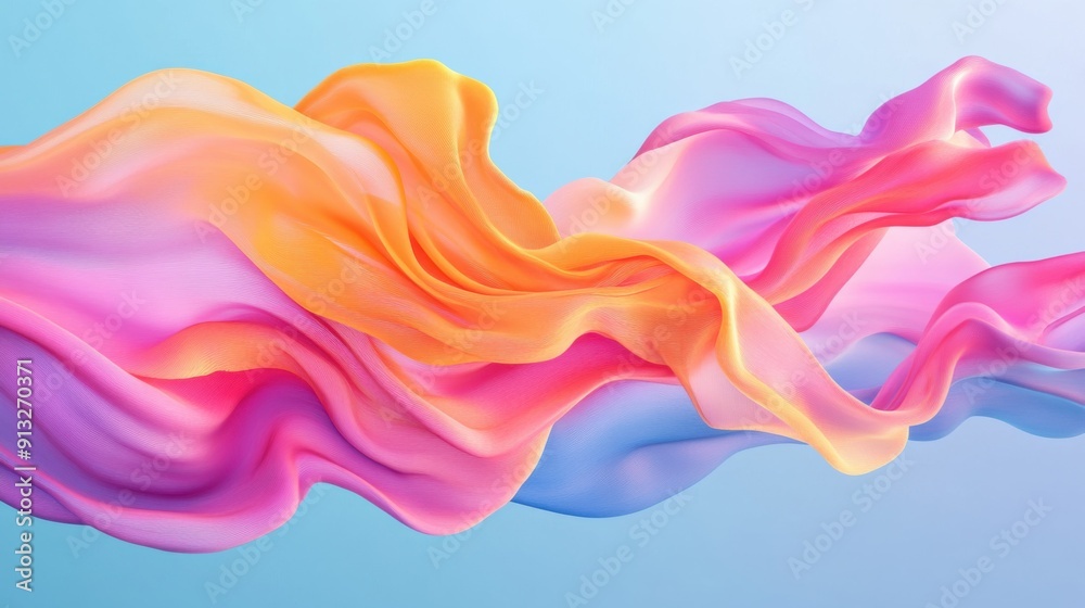 Abstract fluid shapes, 3d rendering illustration of colorful pastel color waves and cloth fabric floating in the air on blue background. Modern art poster design with surrealistic twisted forms Abstract fluid shapes, 3d rendering illustration of colorful pastel color waves and cloth fabric floating in the air on blue background. Modern art poster design with surrealistic twisted forms