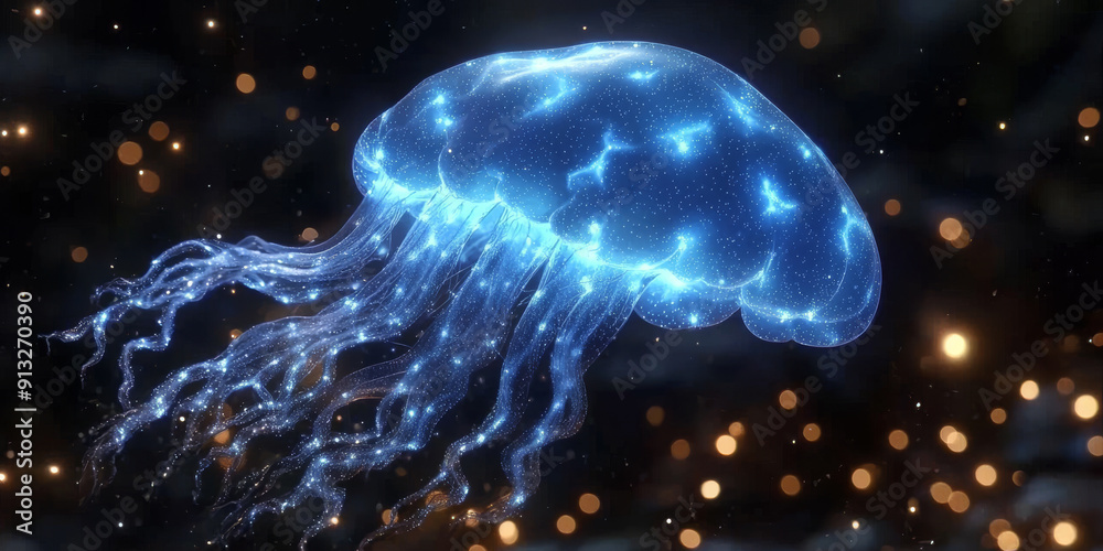 A neon blue digital illustration of a brain in the shape of a jellyfish against a dark background, symbolizing artificial intelligence. A neon blue digital illustration of a brain in the shape of a jellyfish against a dark background, symbolizing artificial intelligence.