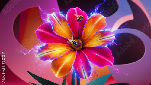 A mesmerizing 3D rendering of a radiant flower, featuring electric pink, orange, and purple petals photo