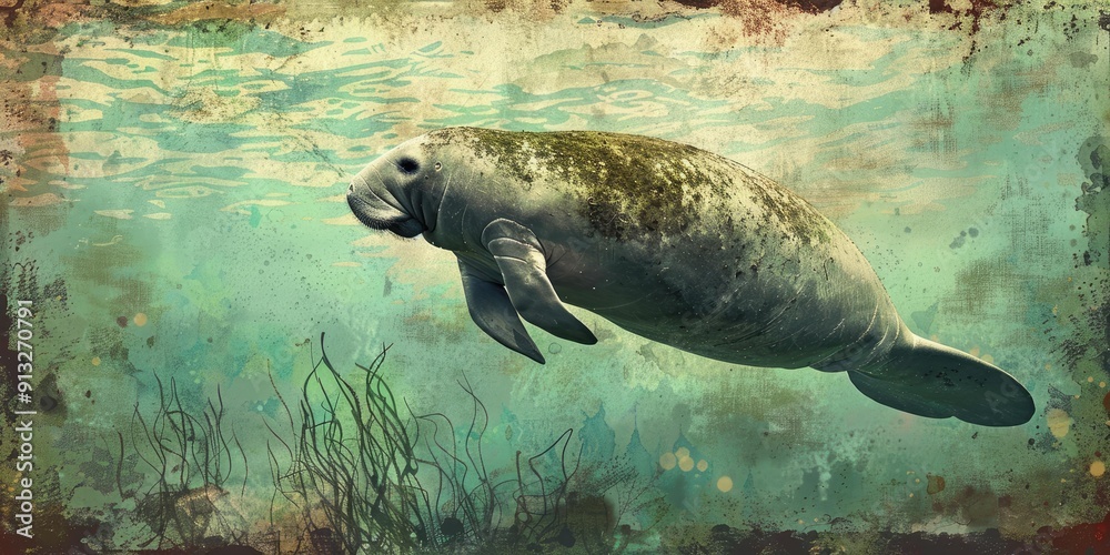 Fototapeta premium Manatee swims in turquoise water with seaweed.