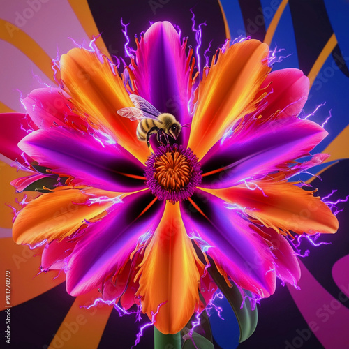 A mesmerizing 3D rendering of a radiant flower, featuring electric pink, orange, and purple petals photo