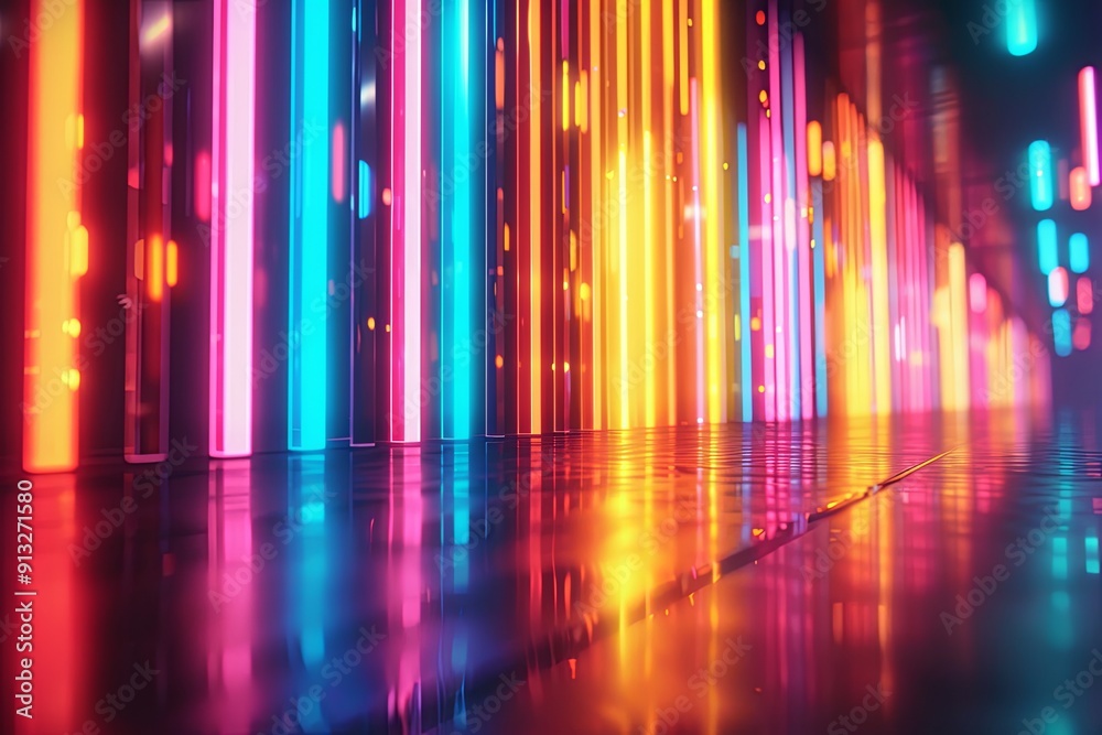 Bright neon bars create an energetic ambiance in a contemporary urban environment at night. Generative AI