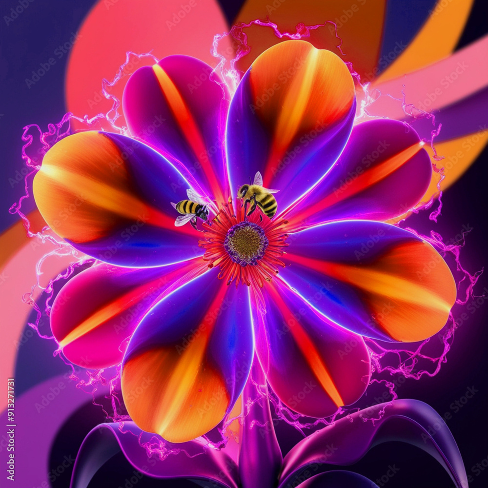 A mesmerizing 3D rendering of a radiant flower, featuring electric pink, orange, and purple petals A mesmerizing 3D rendering of a radiant flower, featuring electric pink, orange, and purple petals