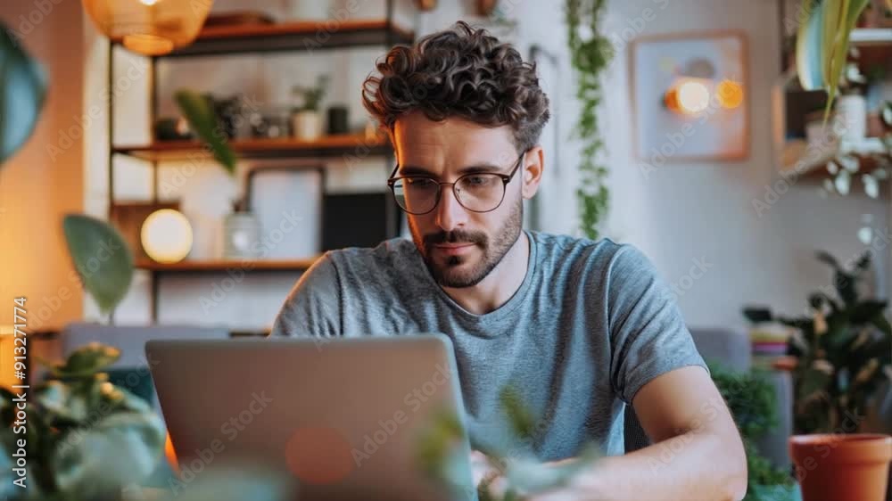 An attractive young man working diligently on his laptop, enjoying the flexibility of remote work from home. An attractive young man working diligently on his laptop, enjoying the flexibility of remote work from home.