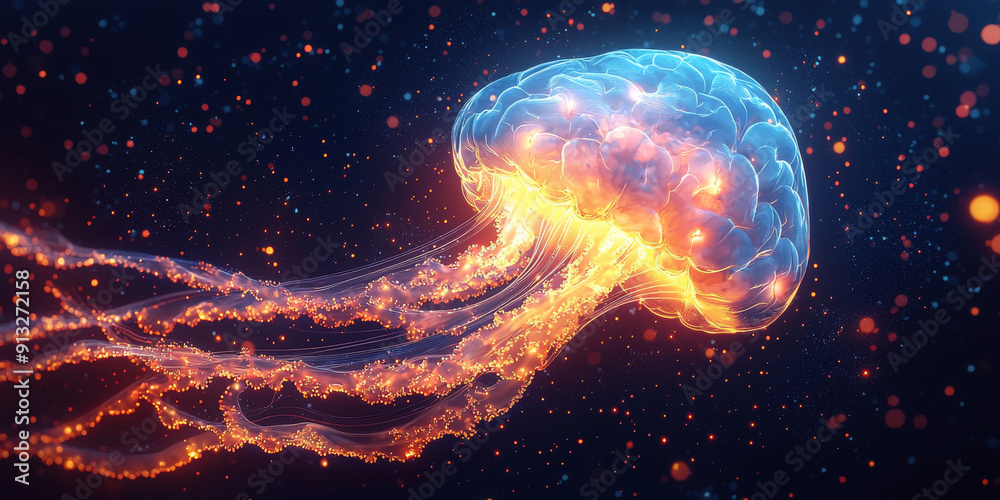 A neon blue digital illustration of a brain in the shape of a jellyfish against a dark background, symbolizing artificial intelligence. A neon blue digital illustration of a brain in the shape of a jellyfish against a dark background, symbolizing artificial intelligence.