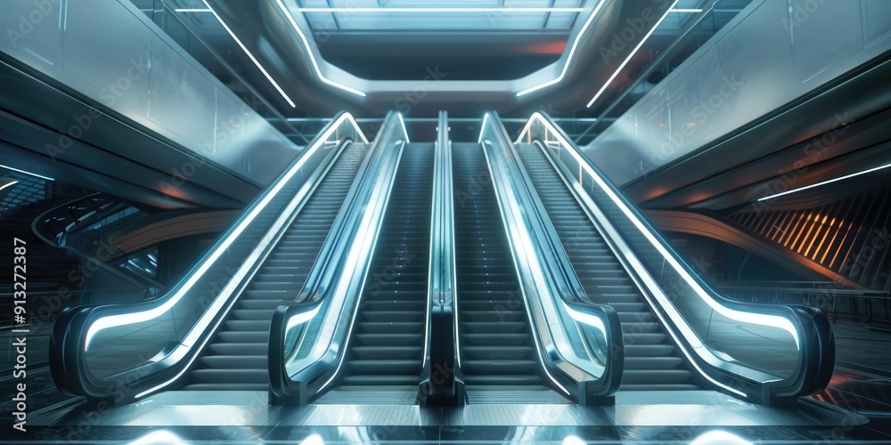Fototapeta premium Three escalators in a futuristic building.