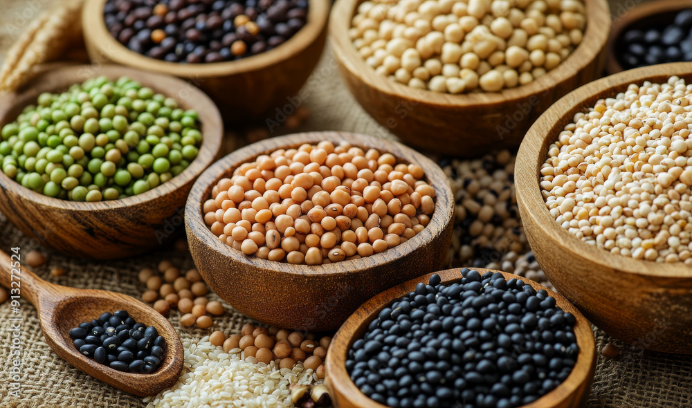 Assortment of various grains in wooden bowls and a spoon, showcasing healthy food diversity. Assortment of various grains in wooden bowls and a spoon, showcasing healthy food diversity.