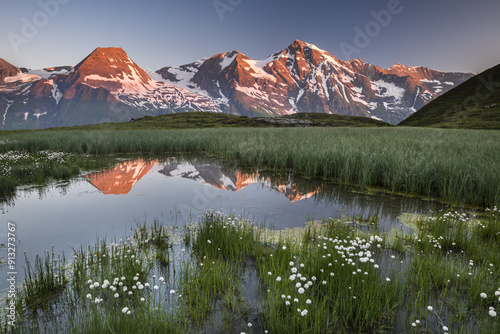 Mountain peaks are reflected in a small pond, sunrise, Hohe Dock, Vorderer Bratschenkopf, Großer Wiesbachhorn, Hohe Tauern National Park, Salzburger Land, Austria, Europe photo