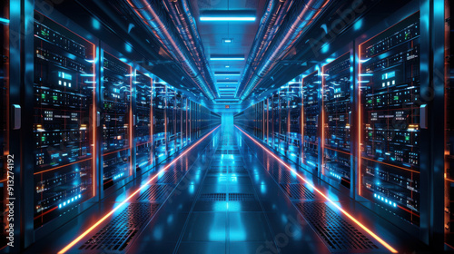 Modern data center hallway with rows of servers and illuminated blue lights, showcasing advanced technology and infrastructure.