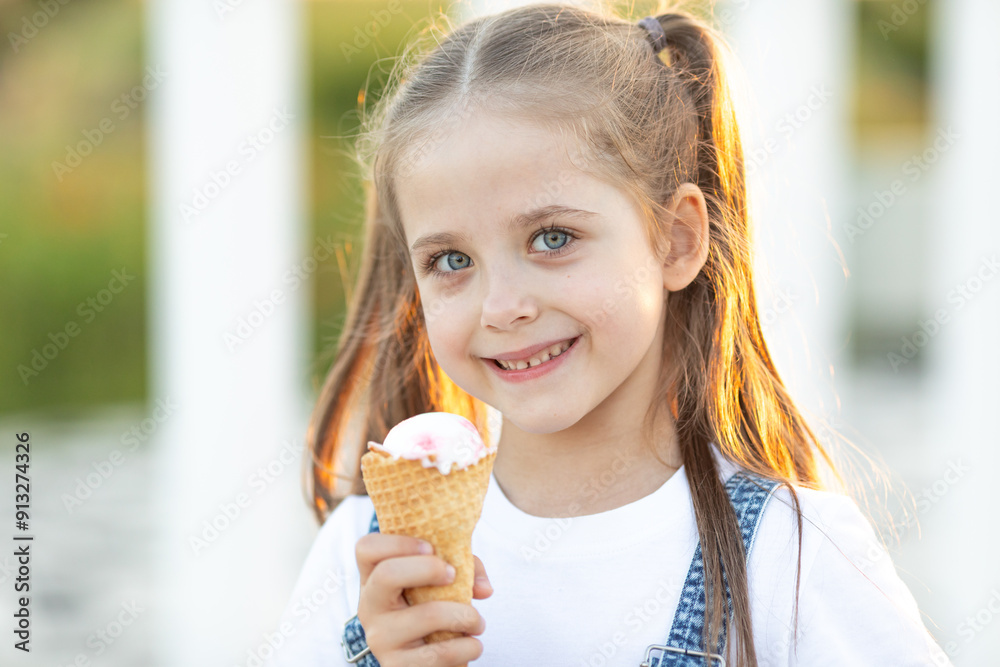 A happy laughing child in summer clothes eats ice cream on a hot day in park. Ice cream in a waffle cone. A happy and contented child at summer. A happy laughing child in summer clothes eats ice cream on a hot day in park. Ice cream in a waffle cone. A happy and contented child at summer.