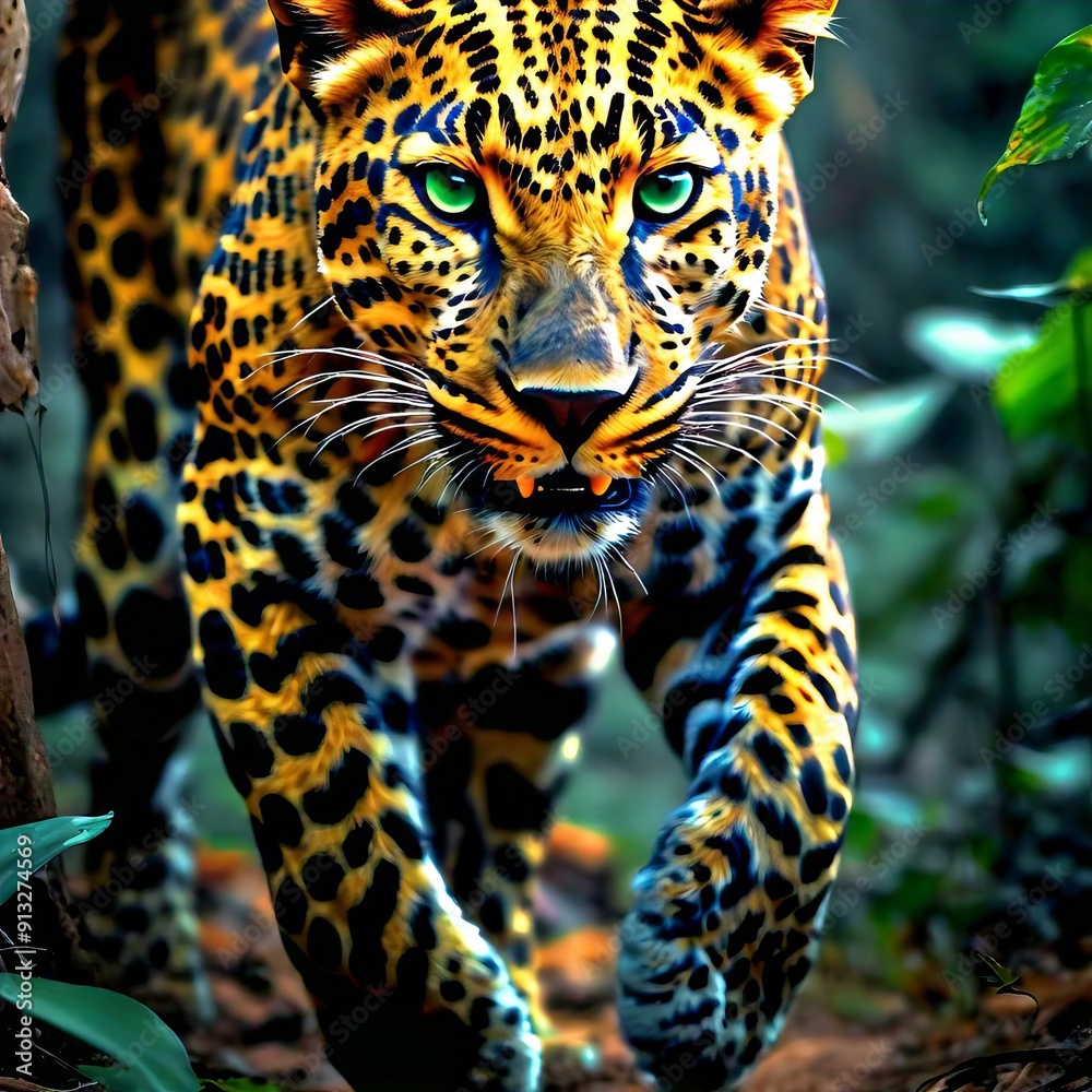 Obraz premium Un leopardo acechando a una presa en la selva