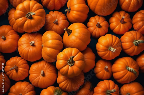 Vertical top down view of Pattern with orange pumpkins for Greeting Card or Poster. Orange pumpkins in Halloween Style. Background for Autumn Design