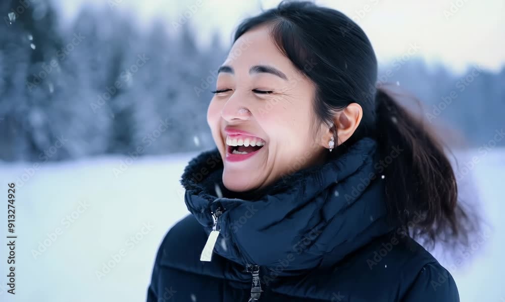 Portrait of a happy asian woman laughing in winter jacket. Portrait of a happy asian woman laughing in winter jacket.