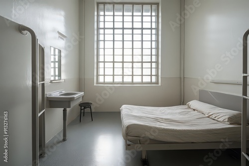 Wallpaper Mural Modern prison cell with large window and basic amenities Torontodigital.ca