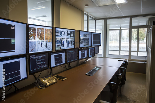 Prison control room with advanced surveillance equipment