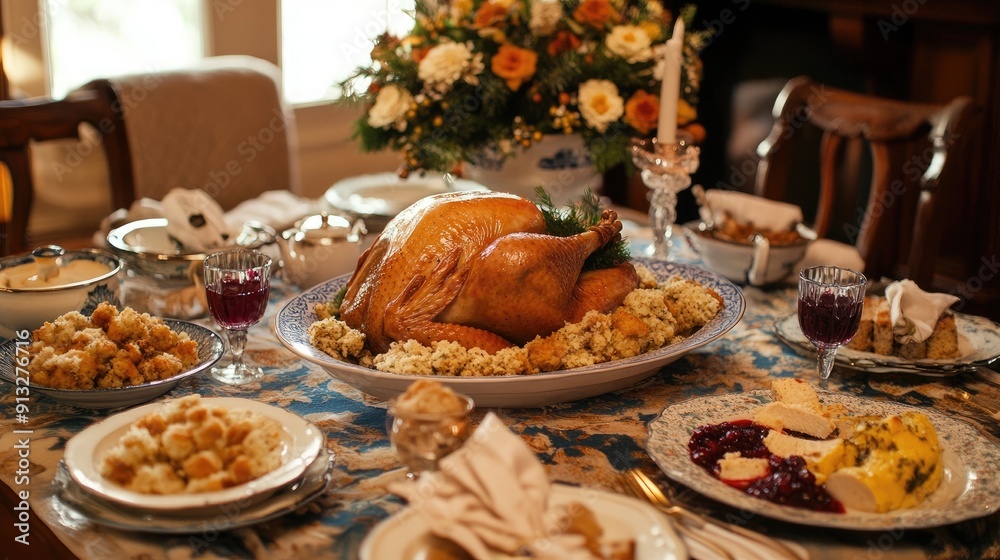 A festive table set for a holiday feast with a roast turkey, stuffing, cranberry sauce, and a variety of side dishes A festive table set for a holiday feast with a roast turkey, stuffing, cranberry sauce, and a variety of side dishes