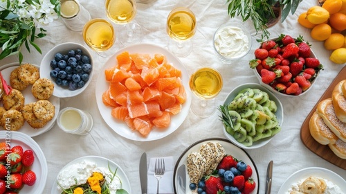 A festive brunch table with mimosas, smoked salmon, bagels, cream cheese, and fresh fruit salad