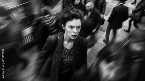 A Woman Hurries Through a Bustling Train Station During Rush Hour photo