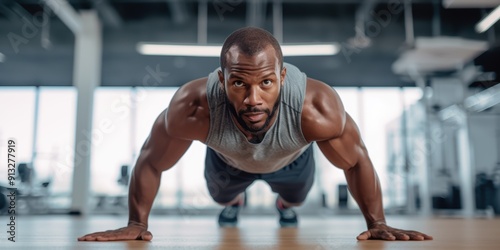 A bodybuilder doing push ups at the gym