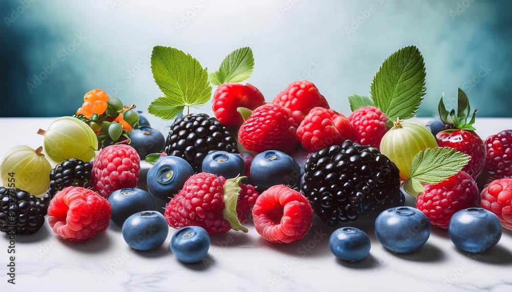A rustic wooden table holds a bowl of fresh berries and fruits, including raspberries, blackberries, blueberries, red currants, green grapes, and a strawberry. Green leaves add freshness to the image