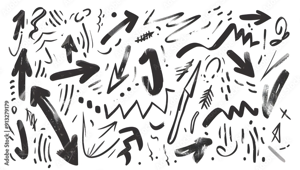 hand drawn doodle style arrows and curved lines, simple vector shapes, white background, vector art.