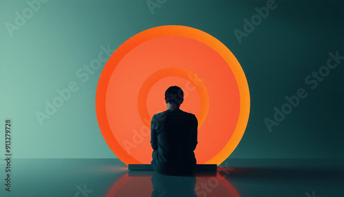 artistic mininalist representation of peace of mind, zen meditation, luminous circle, focus and peace. green wall photo